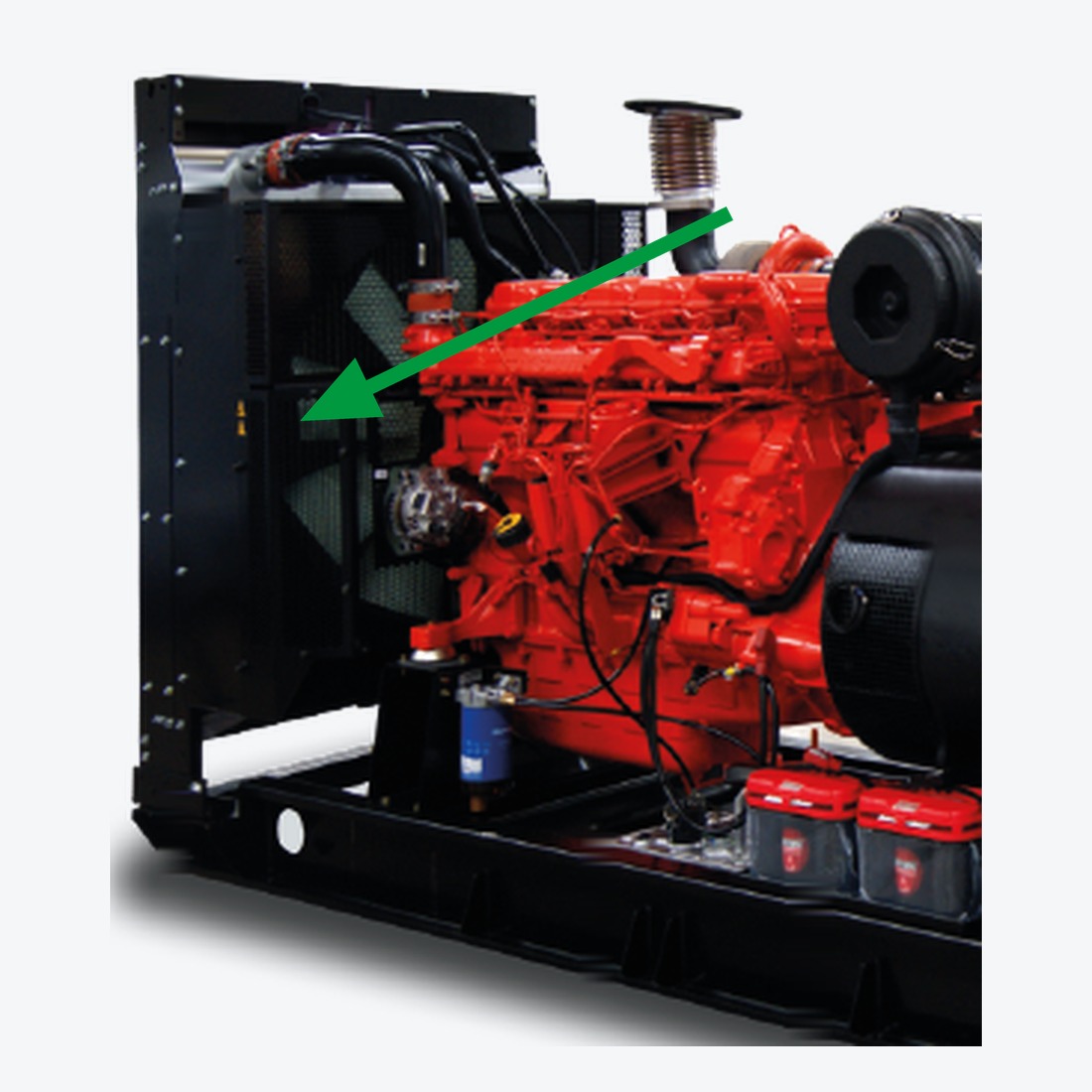 Gerador a diesel convencional com a hélice do radiador acoplada ao eixo do motor