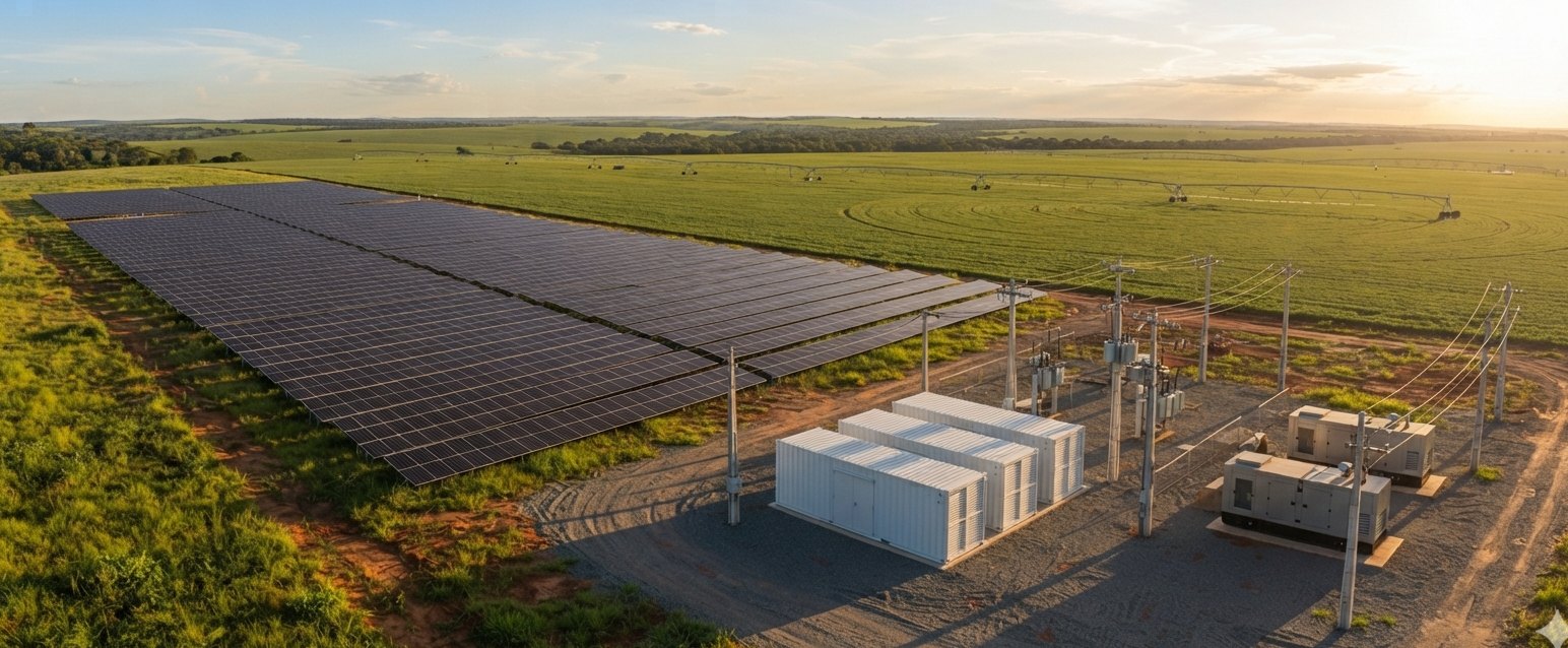 Usina híbrida em operação — solar, baterias, gerador e rede